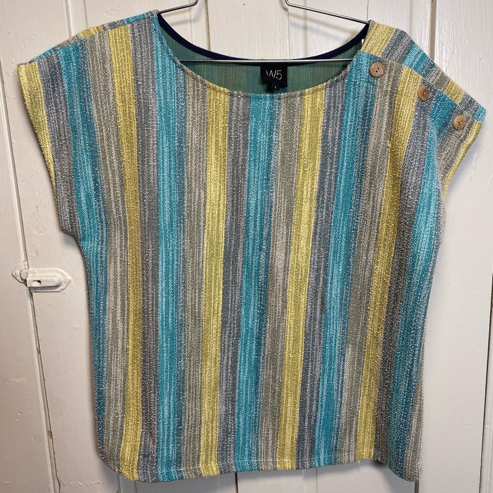 W5 Multicolor Striped Women's Top Button Accent Yellow Turquoise Striped